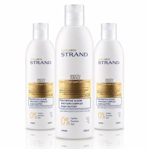 GOLDEN-STRAND-conditioner-400ml-3pcs عرض التوفير الثلاثي: 3 عبوات بلسم جولدن ستراند المتكامل لترميم الشعر - 400 مل - خالي من السلفات والأملاح - غني بزبدة الشيا ومركب البروتين لنعومة ولمعان يدوم للشعر المجهد والتالف.