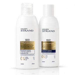 GOLDEN-STRAND-shampoo-and-conditioner-200ml مجموعة جولدن ستراند المتكاملة لترميم الشعر - شامبو وبلسم 200 مل - خالية من السلفات والبارابين والأملاح - غنية بمركب البروتين وزبدة الشيا لنعومة ولمعان يدوم للشعر المجهد والتالف.