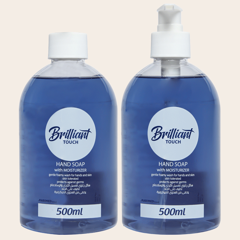 brilliant-hand-wash-double-offer-blue2 بريليانت تاتش عرض عبوتين صابون لليدين 500 مل أزرق– عبوة بمضخة + عبوة غيار لإعادة الملء، بالجلسرين وفيتامين E، رغوة غنية، تنظيف فعّال ونعومة تدوم - الصورة 1