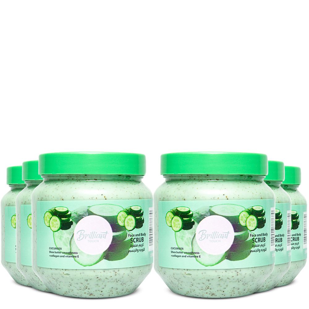 brilliant-scrub-cucumber-offer6-2 عرض التوفير 6 عبوات صنفرة بريليانت تاتش للوجه والجسم بالخيار ونواة المشمش - مقشر بزبده الشيا والكولاجين وفيتامين E تفتيح البشرة - سعة 250 ملل للعبوة الواحدة - الصورة 1