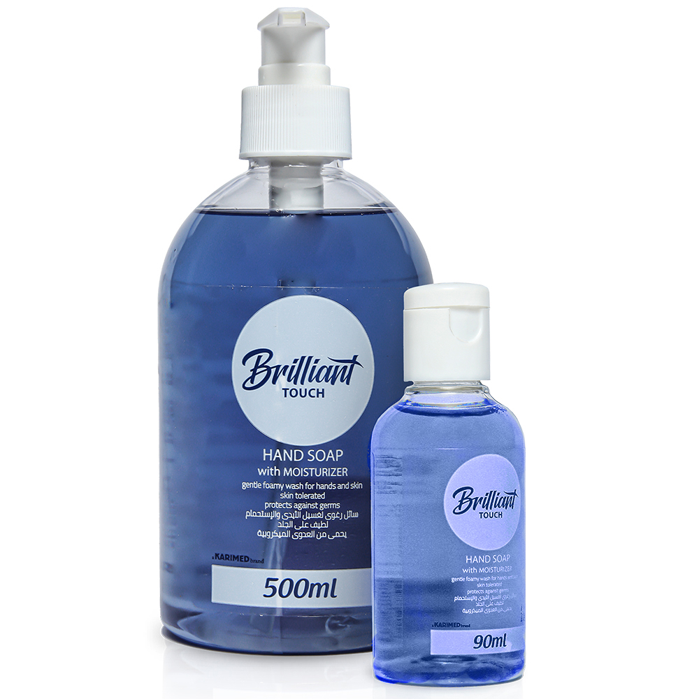 brilliant-soap-500ml-and-90ml-1500-purple2 بريليانت تاتش صابون لليدين أزرق بالجلسرين وفيتامين E – عرض عبوة 500 مل بمضخة + عبوة جيب 90 مل، تنظيف لطيف، رغوة غنية - الصورة 1