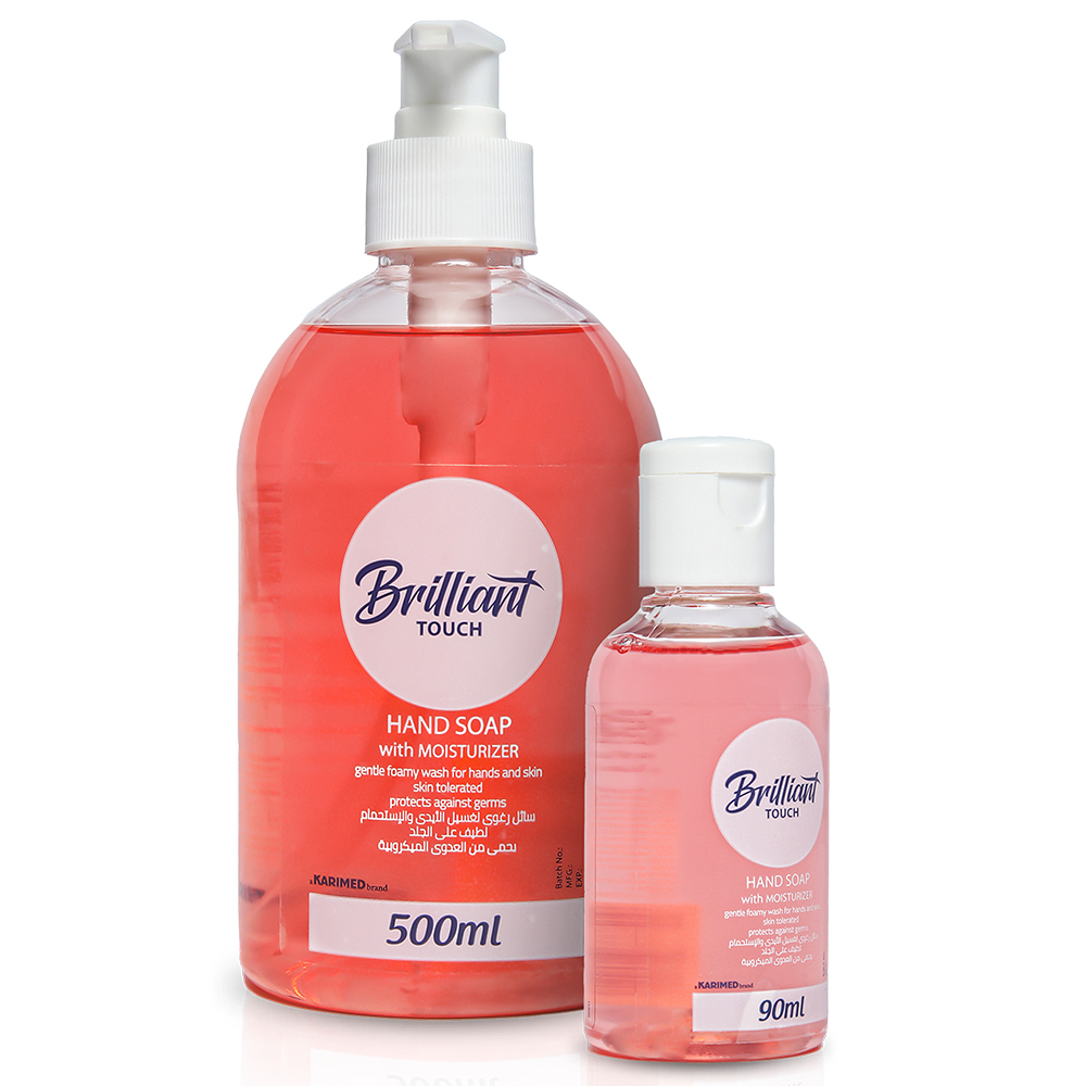 brilliant-soap-500ml-and-90ml-1500-red2 بريليانت تاتش صابون لليدين أحمر بالجلسرين وفيتامين E – عرض عبوة 500 مل بمضخة + عبوة جيب 90 مل، تنظيف لطيف، رغوة غنية - الصورة 1