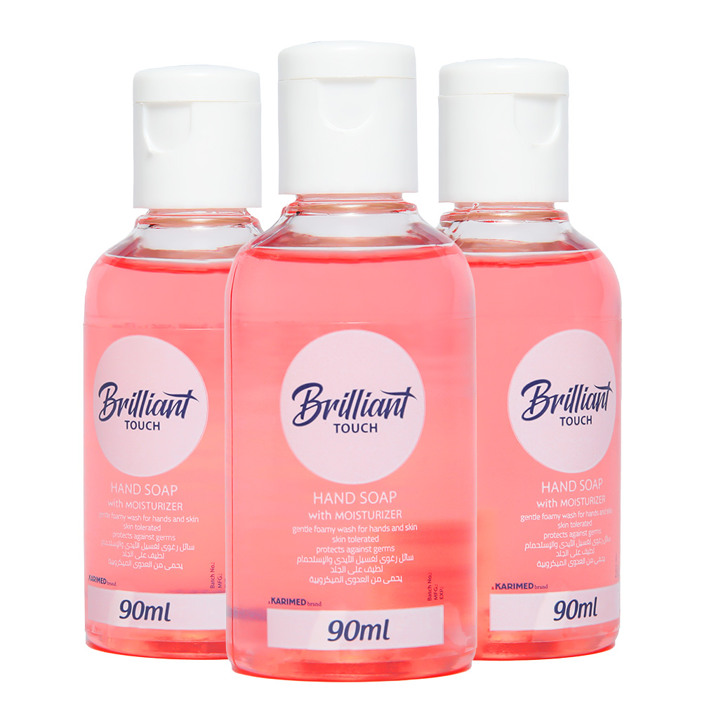 soap-90ml-pink بريليانت تاتش صابون لليدين أحمر 90 مل بالجلسرين وفيتامين E – عرض 3 عبوات حجم جيب، عالي الرغوة، لطيف على البشرة، مثالي للمدارس والعمل والسفر والتنقل اليومي - الصورة 1