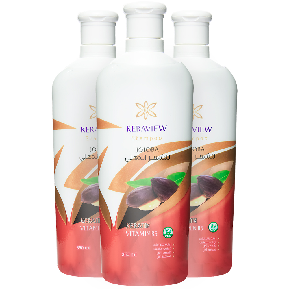 jojoba-shampoo-3pcs عرض التوفير 3 عبوات شامبو كيرافيو بزيت الجوجوبا للشعر الدهني - معزز بالكيراتين وفيتامين B5 لإعادة بناء الشعر، موازنة الدهون، منع التساقط والتقصف - 350 ملل للعبوة - الصورة 1