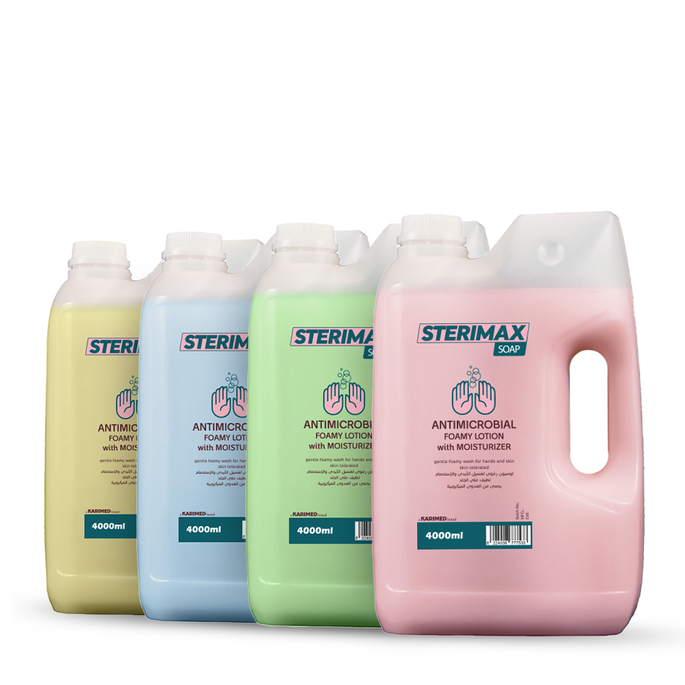 sterimax-4Lp4p-MIX 4 عبوات صابون ستيريماكس المطهر والمضاد للميكروبات - 4 لتر للعبوة (16 لتر) - لوسيون رغوي بمرطب بروائح متنوعة ومنعشة لحماية فائقة ونعومة دائمة لليدين والجسم. - الصورة 1