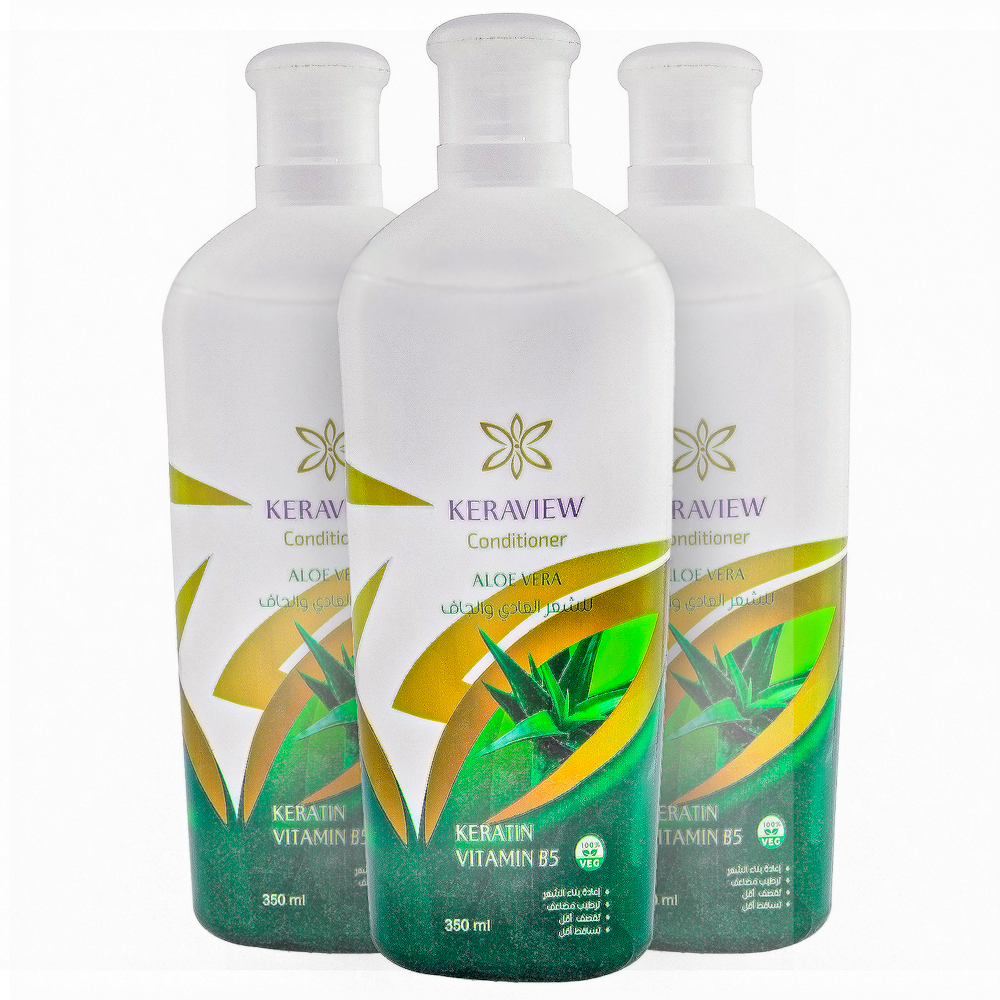 keraview-aloe-vera-conditioner3 عرض 3 عبوات بلسم كيرافيو بخلاصة الصبار والكيراتين وفيتامين B5 – للشعر الجاف والمجهد – 350 مل للعبوة - الصورة 1