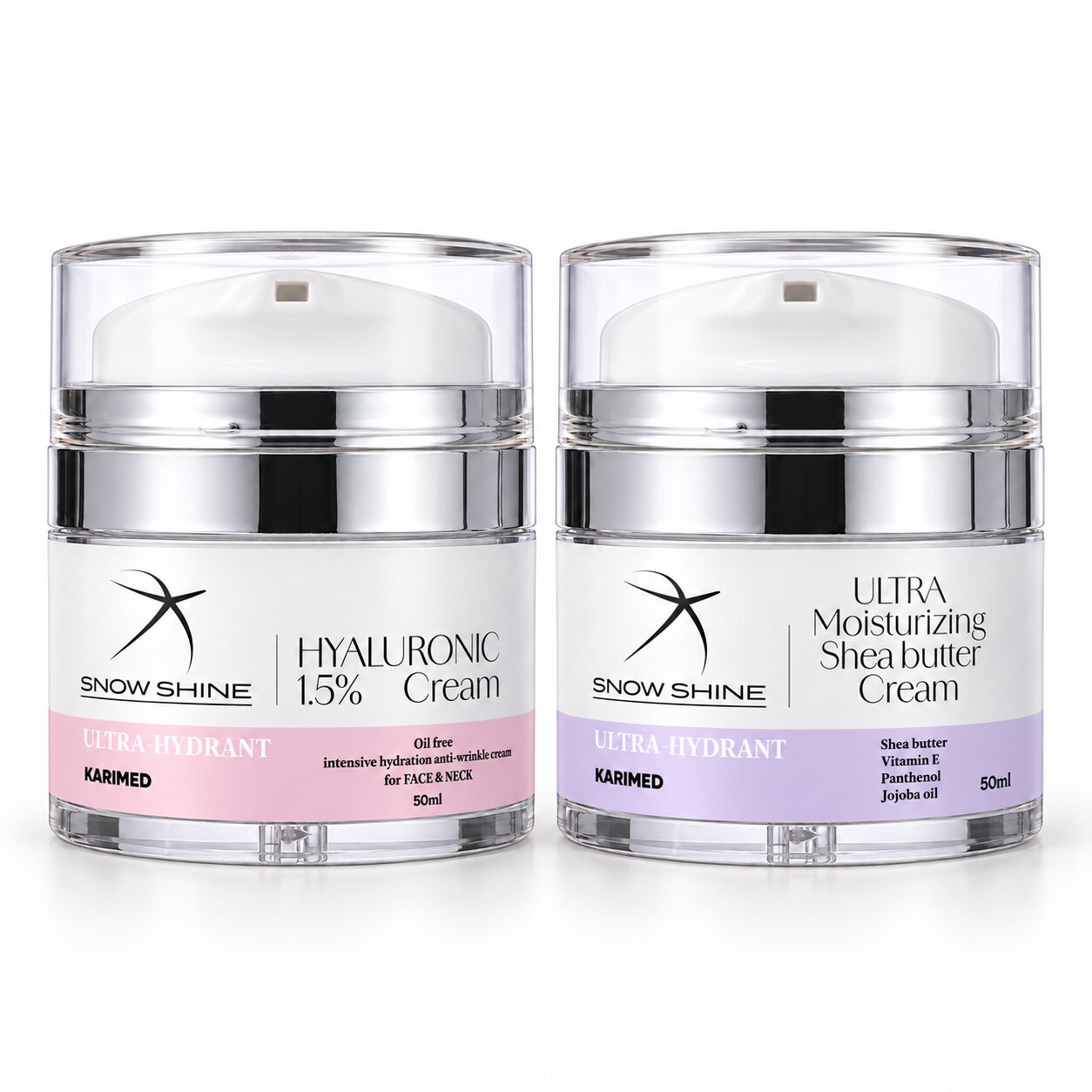 snow-shine-intensive-hydration-cream-set مجموعة الترطيب المكثف من سنو شاين — كريم الهيالورونيك 1.5% + كريم زبدة الشيا (قطعتان × 50 مل) - الصورة 1