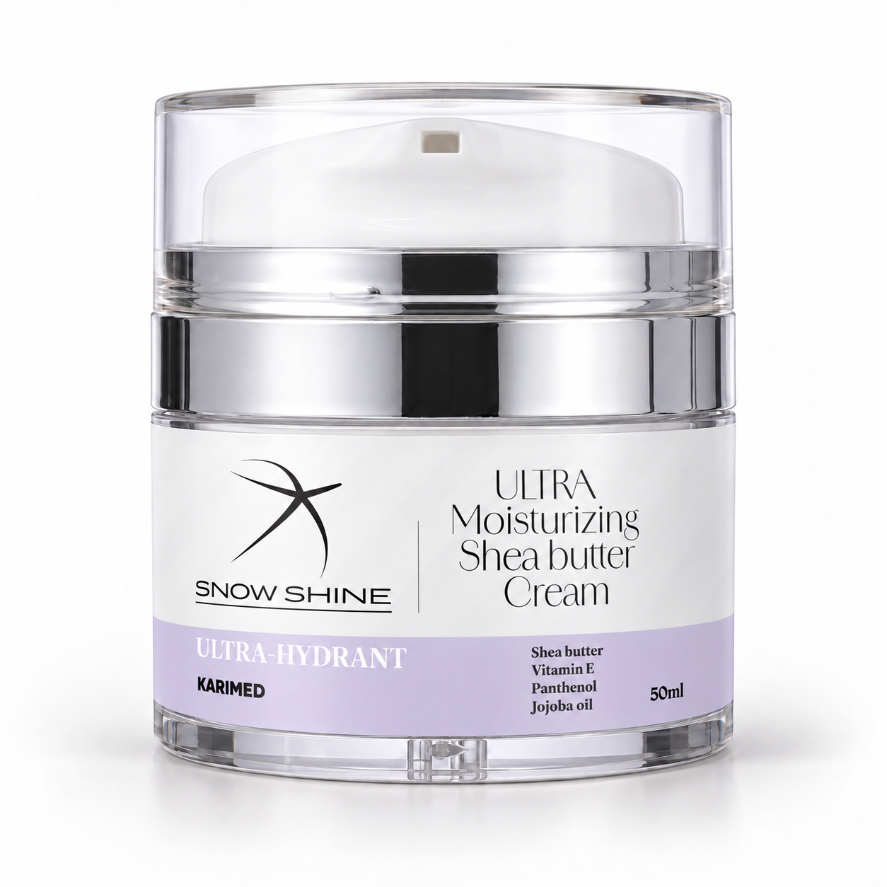 snow-shine-shea-butter-cream-50ml كريم زبدة الشيا سنو شاين الترا هايدرانت 50 مل بعبوة فضية وملصق أبيض وبنفسجي فاتح